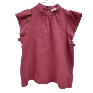 Ruffle Sleeve Top Mock Neck Blouse Textured Mauve Pink Size M